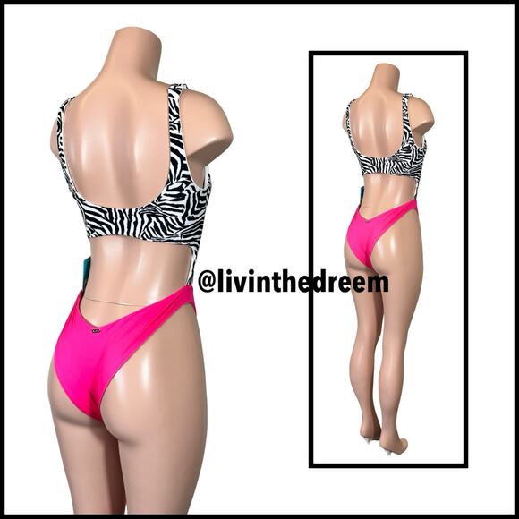 Beach Bunny Kelly Monokini One Piece Zebra Stripe and Barbie Pink SZ L $170 - Picture 13 of 17